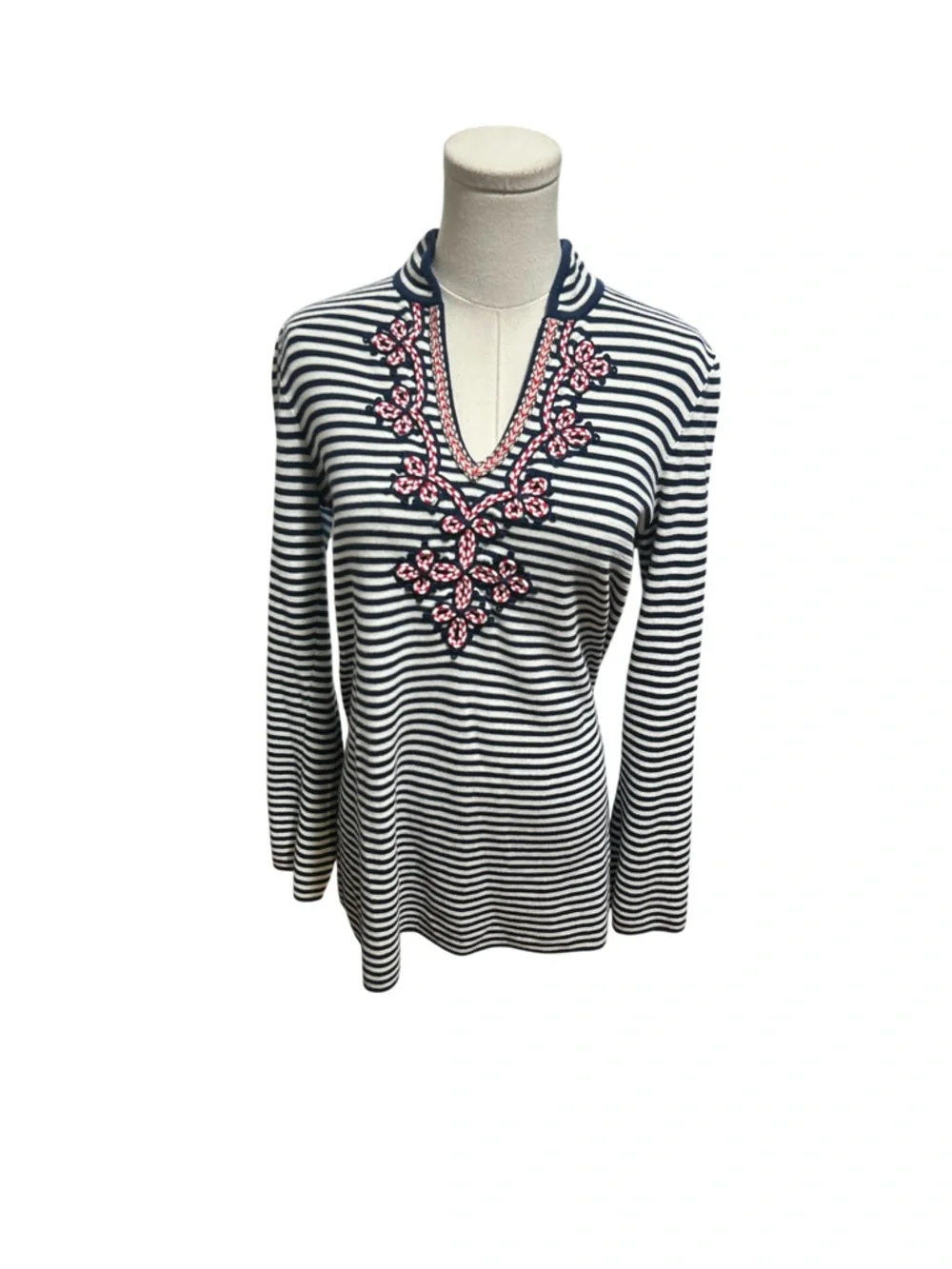 Tory Burch Katama Striped Knit Tunic Top Navy White Cotton Nautical Sz S